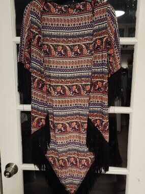 Love Tease Women's Kimono Top Multicolor Black Fringe Trim Sleeves & Hem Sz XS